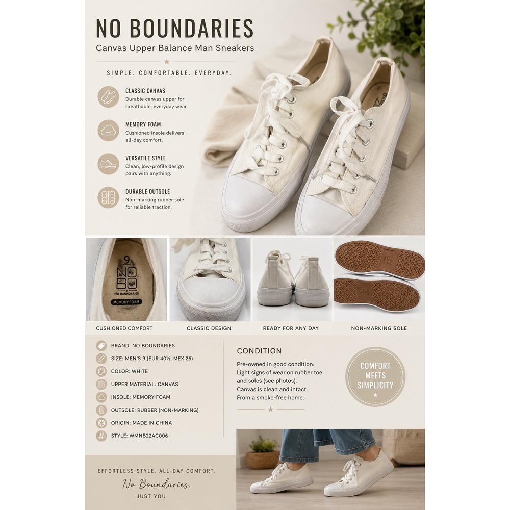 NOBO No Boundaries Men's White Canvas Low Top Sneakers Memory Foam Size 9